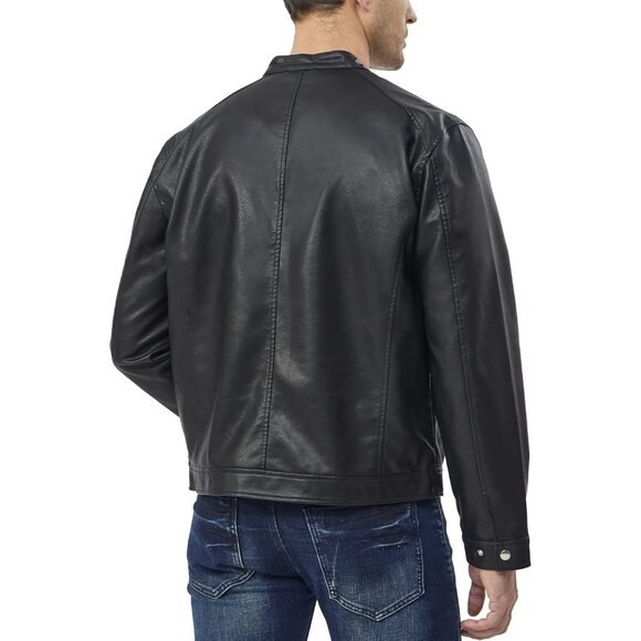 Men Black Faux Leather Biker Jacket Slim Fit Motorcycle Bomber Zip Up Coat - Picture 5 of 7